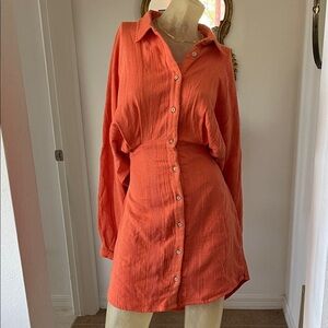 Free People Orange Button-Up Shirt Dress